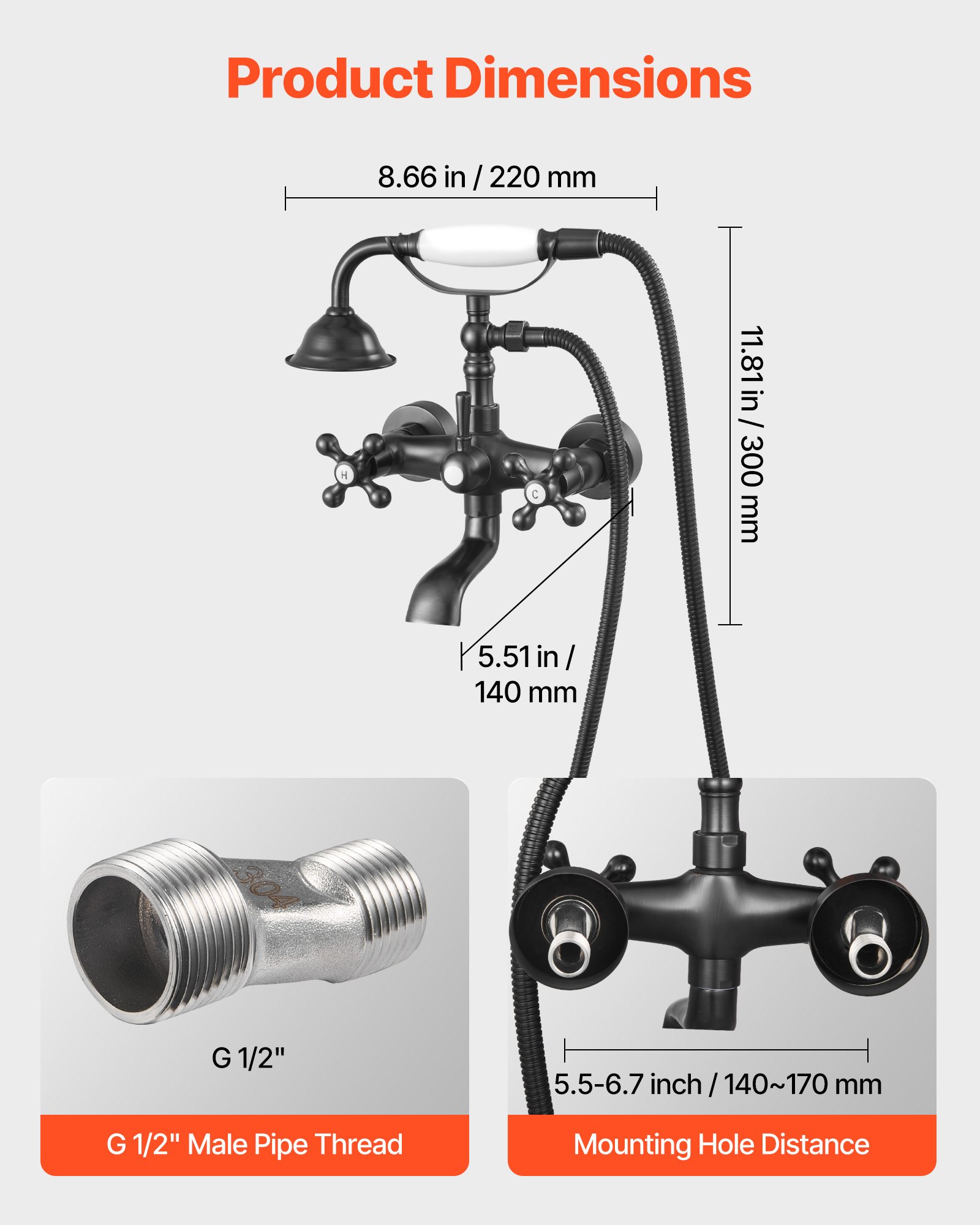 VEVOR Clawfoot Tub Faucet, Wall Mount Bathtub Faucets with Handheld Shower, Vintage Oil-Rubbed Bronze Clawfoot Tub Filler Faucet Shower Kit with Adjustable Swing Arms & 360° Rotation Spout for Bathtubs