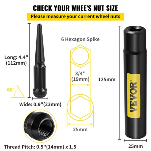 VEVOR M14x1.5 Spike Lug Nuts, 24 PCS Chrome Spiked Lug Nuts 14mmx1.5, 4.4  Tall Closed End Acorn Wheel Lug Nut w/ 1 Socket Key, Compatible with Chevy