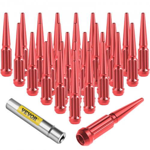 VEVOR M14x1.5 Spike Lug Nuts, 32 PCS Chrome Spiked Lug Nuts 14mmx1.5, 4.4" Tall Closed End Acorn Wheel Lug Nut w/ 1 Socket Key, Compatible with Chevy Silverado 1500 2500 3500, Ford GMC Sierra, Red