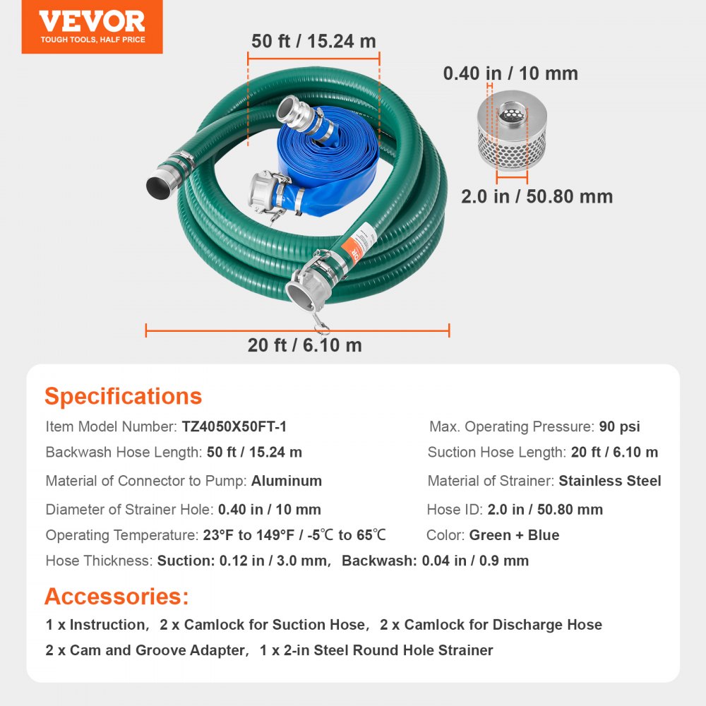 VEVOR Suction Hose Kit for Water Pump, with 50.8mm x 15.24m Blue Backwash Hose, 20 ft Green Suction Hose, and Steel Round Hole Strainer, Camlocks, Clamps, Cam & Groove Adapter, for Multiple Purposes