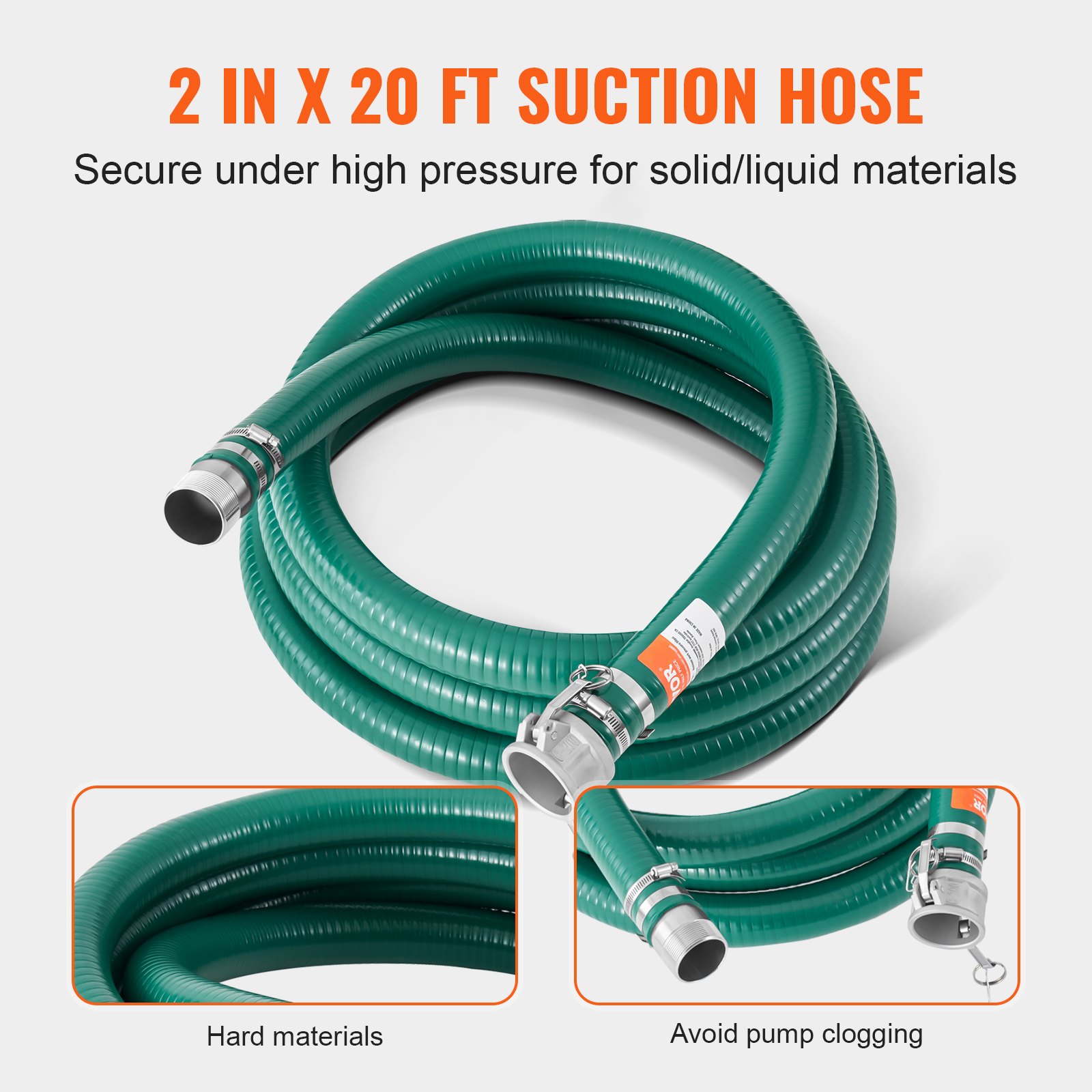 VEVOR Suction Hose Kit for Water Pump, with 50.8mm x 15.24m Blue Backwash Hose, 20 ft Green Suction Hose, and Steel Round Hole Strainer, Camlocks, Clamps, Cam & Groove Adapter, for Multiple Purposes