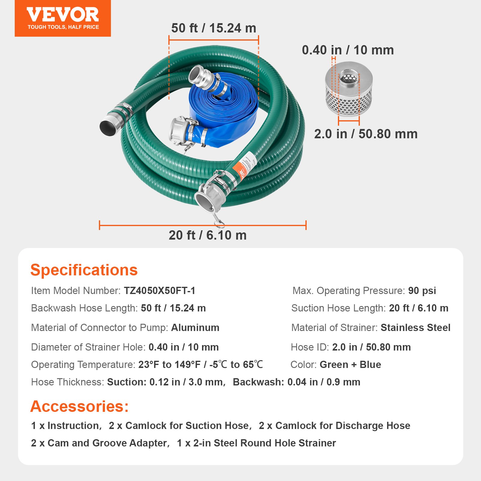 VEVOR Suction Hose Kit for Water Pump, with 50.8mm x 15.24m Blue Backwash Hose, 20 ft Green Suction Hose, and Steel Round Hole Strainer, Camlocks, Clamps, Cam & Groove Adapter, for Multiple Purposes