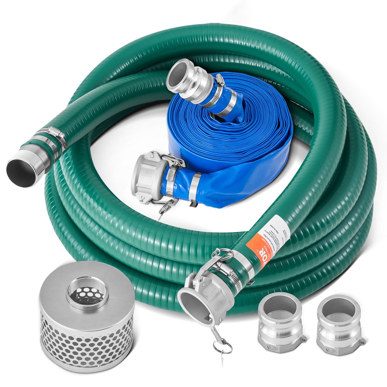 VEVOR Suction Hose Kit for Water Pump, with 50.8mm x 15.24m Blue Backwash Hose, 20 ft Green Suction Hose, and Steel Round Hole Strainer, Camlocks, Clamps, Cam & Groove Adapter, for Multiple Purposes