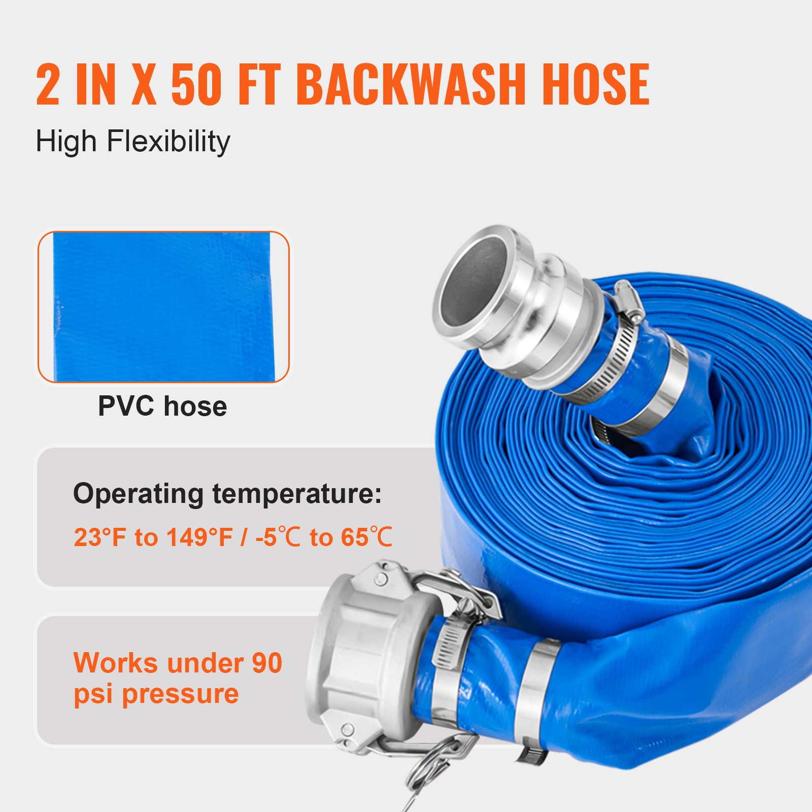 VEVOR Suction Hose Kit for Water Pump, with 2 in x 50 ft Blue Backwash Hose, 20 ft Green Suction Hose, and Steel Round Hole Strainer, Camlocks, Clamps, Cam & Groove Adapter, for Multiple Purposes
