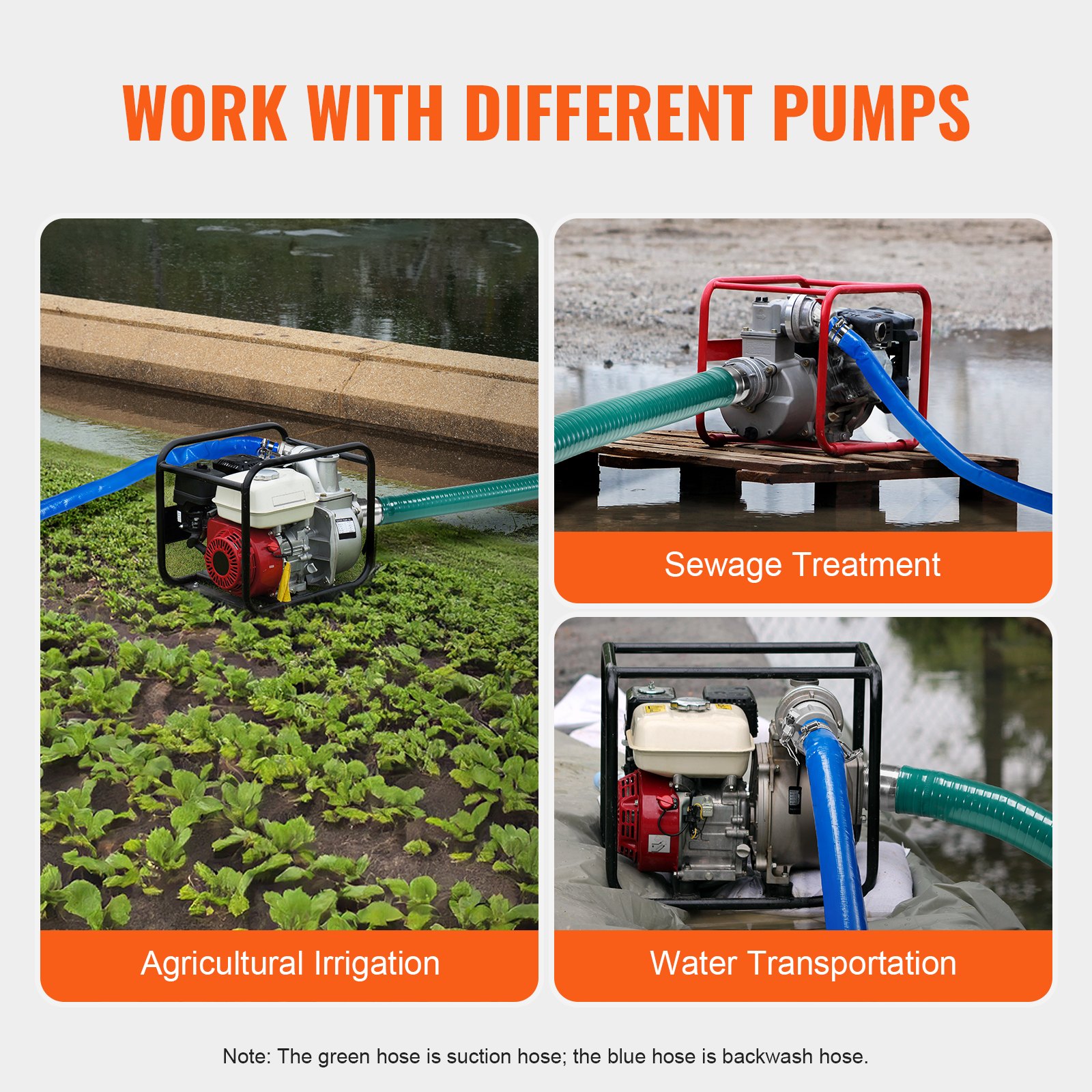 VEVOR Suction Hose Kit for Water Pump, with 51 mm(2 in) x 19.8 m(65 ft) Blue Backwash Hose, 6.1 m(20 ft) Green Suction Hose, and Steel Round Hole Strainer, Camlocks, Clamps, Cam & Groove Adapter, for Multiple Purposes