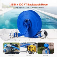 VEVOR Backwash Hose 1.5 in x 100 ft Blue High Quality Hose Complete Fittings