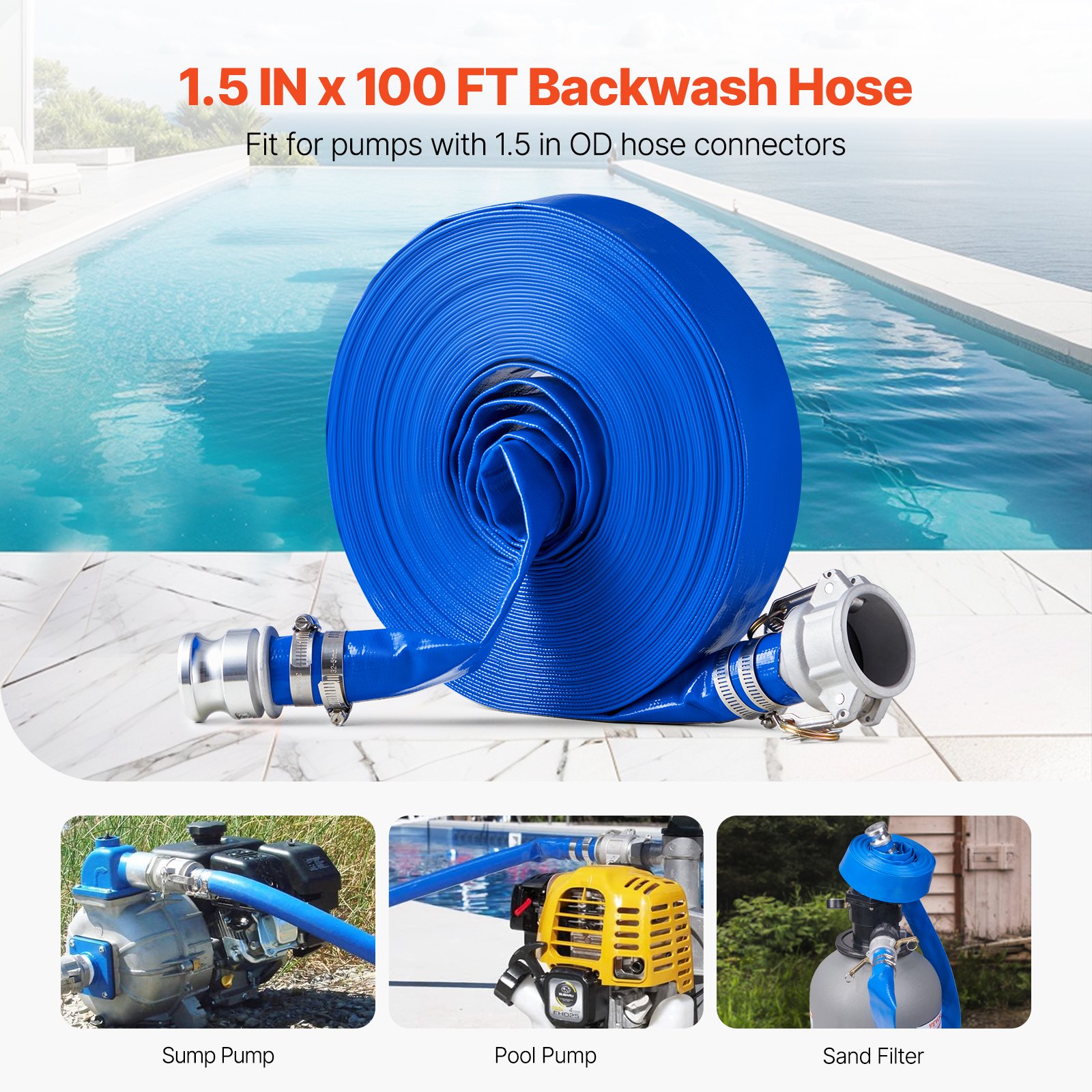 VEVOR Backwash Hose, 38 mm(1.5 in) x 30.5 m(100 ft), Blue High Quality PVC Hose, with Clamps, Camlock, Aluminum Fittings, Fit Various Pumps, for Sewage Treatment, Water Transportation and More Agricultural Purposes