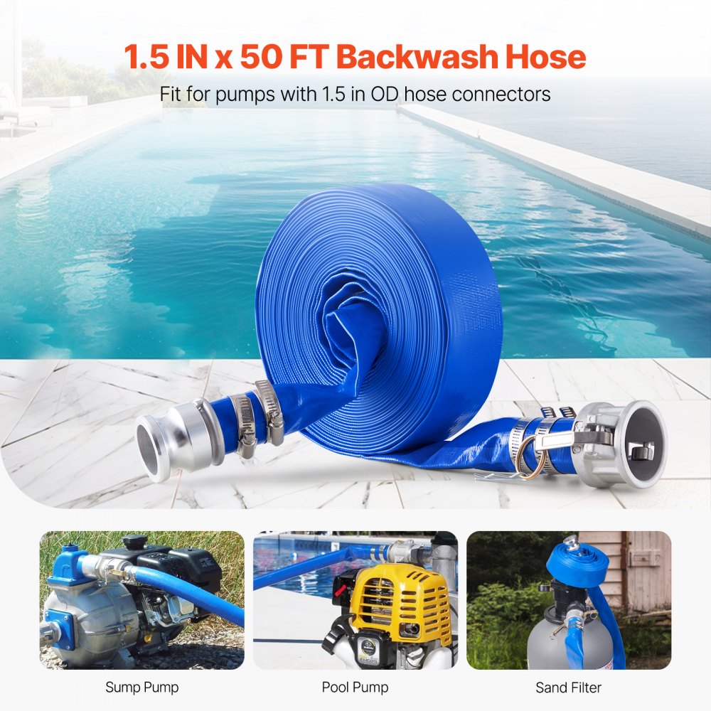 VEVOR Backwash Hose, 38 mm(1.5 in) x 15.2 m(50 ft), Blue High Quality PVC Hose, with Clamps, Camlock, Aluminum Fittings, Fit Various Pumps, for Sewage Treatment, Water Transportation and More Agricultural Purposes