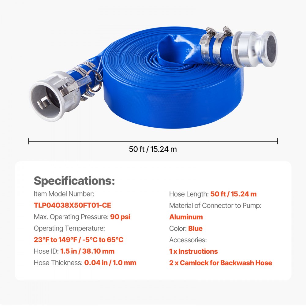 VEVOR Backwash Hose, 38 mm(1.5 in) x 15.2 m(50 ft), Blue High Quality PVC Hose, with Clamps, Camlock, Aluminum Fittings, Fit Various Pumps, for Sewage Treatment, Water Transportation and More Agricultural Purposes