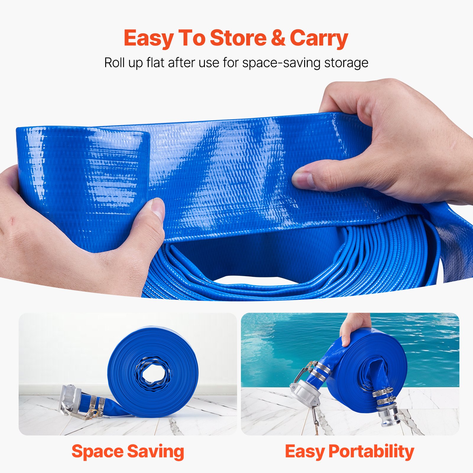 VEVOR Backwash Hose, 38 mm(1.5 in) x 15.2 m(50 ft), Blue High Quality PVC Hose, with Clamps, Camlock, Aluminum Fittings, Fit Various Pumps, for Sewage Treatment, Water Transportation and More Agricultural Purposes