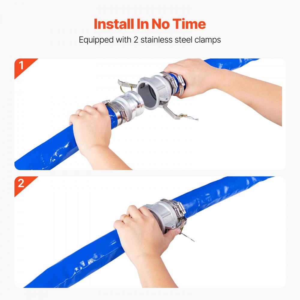 VEVOR Backwash Hose, 2 in x 100 ft, Blue High Quality PVC Hose, with Clamps, Camlock, Aluminum Fittings, Fit Various Pumps, for Sewage Treatment, Water Transportation and More Agricultural Purposes