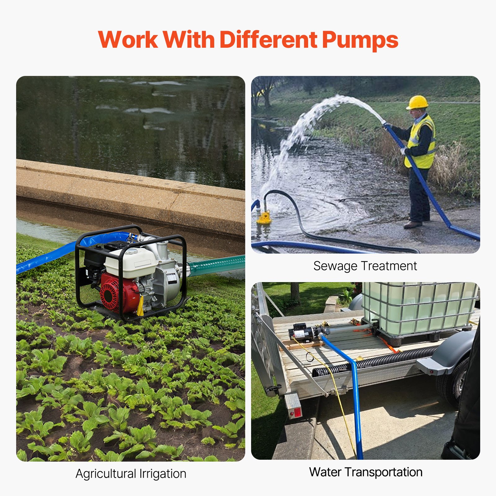 VEVOR Backwash Hose, 3 in x 50 ft, Blue High Quality PVC Hose, with Clamps, Camlock, Aluminum Fittings, Fit Various Pumps, for Sewage Treatment, Water Transportation and More Agricultural Purposes