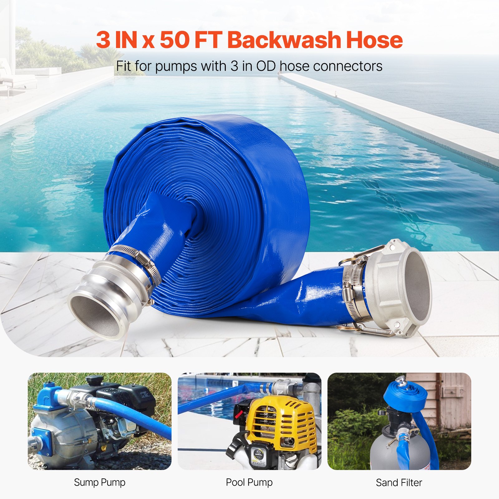VEVOR Backwash Hose, 76.2mm x 15.24m, Blue High Quality PVC Hose, with Clamps, Camlock, Aluminum Fittings, Fit Various Pumps, for Sewage Treatment, Water Transportation and More Agricultural Purposes