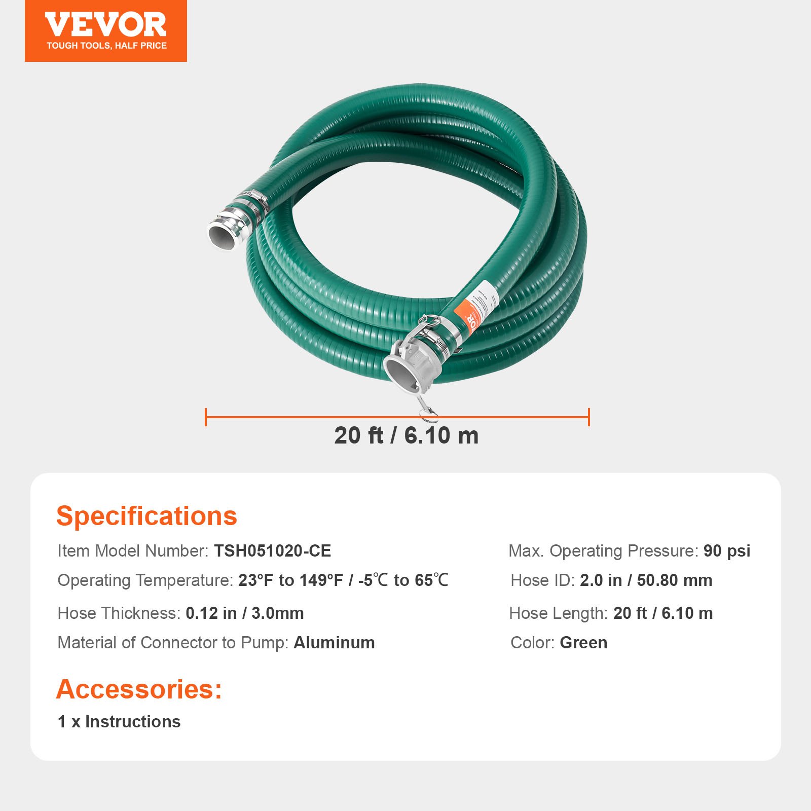 VEVOR Suction Hose, 2 in x 20 ft, Green High Quality Hose, with Camlock Connectors, and Aluminum Fittings, Fit Various Pumps, for Sewage Treatment, Water Transportation and More Agricultural Purposes