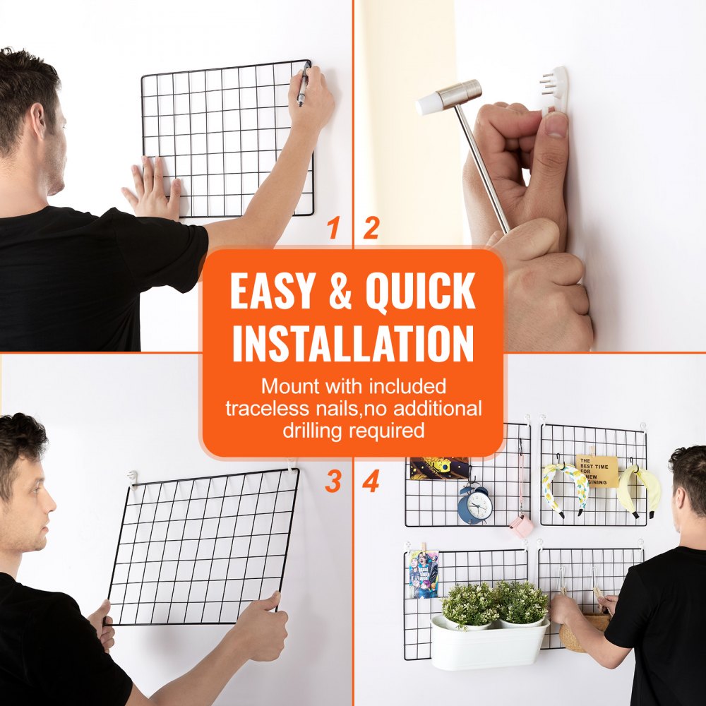 VEVOR Grid Wall Panels, 4 Packs Wire Wall Grid for Photo Pictures Display, Wall Storage Organizer Metal Grid Wall Panel for Home Office Decor with Clips and Hooks, 11.8x15.7 inch