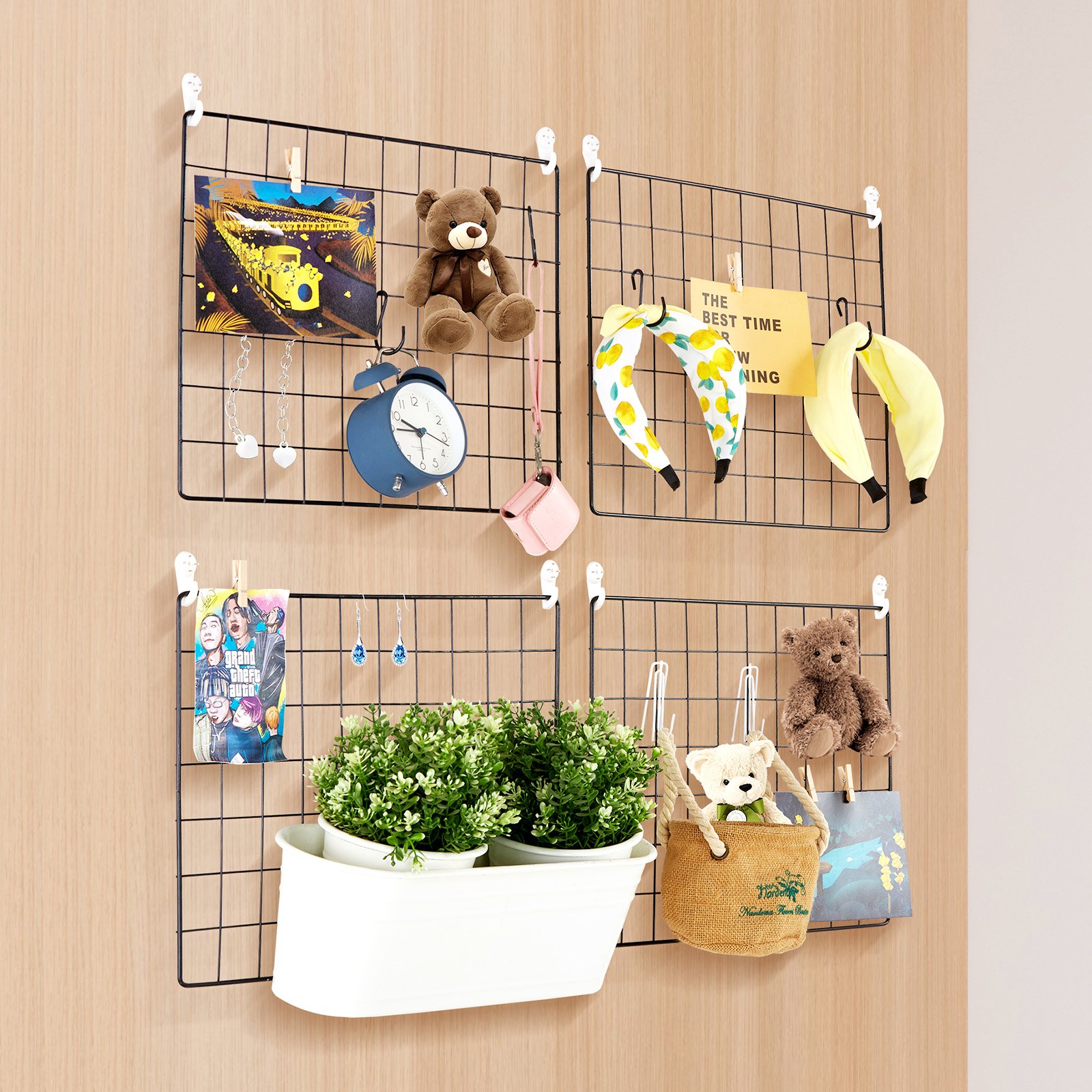 VEVOR Grid Wall Panels, 4 Packs Wire Wall Grid for Photo Pictures Display, Wall Storage Organizer Metal Grid Wall Panel for Home Office Decor with Clips and Hooks, 11.8x15.7 inch