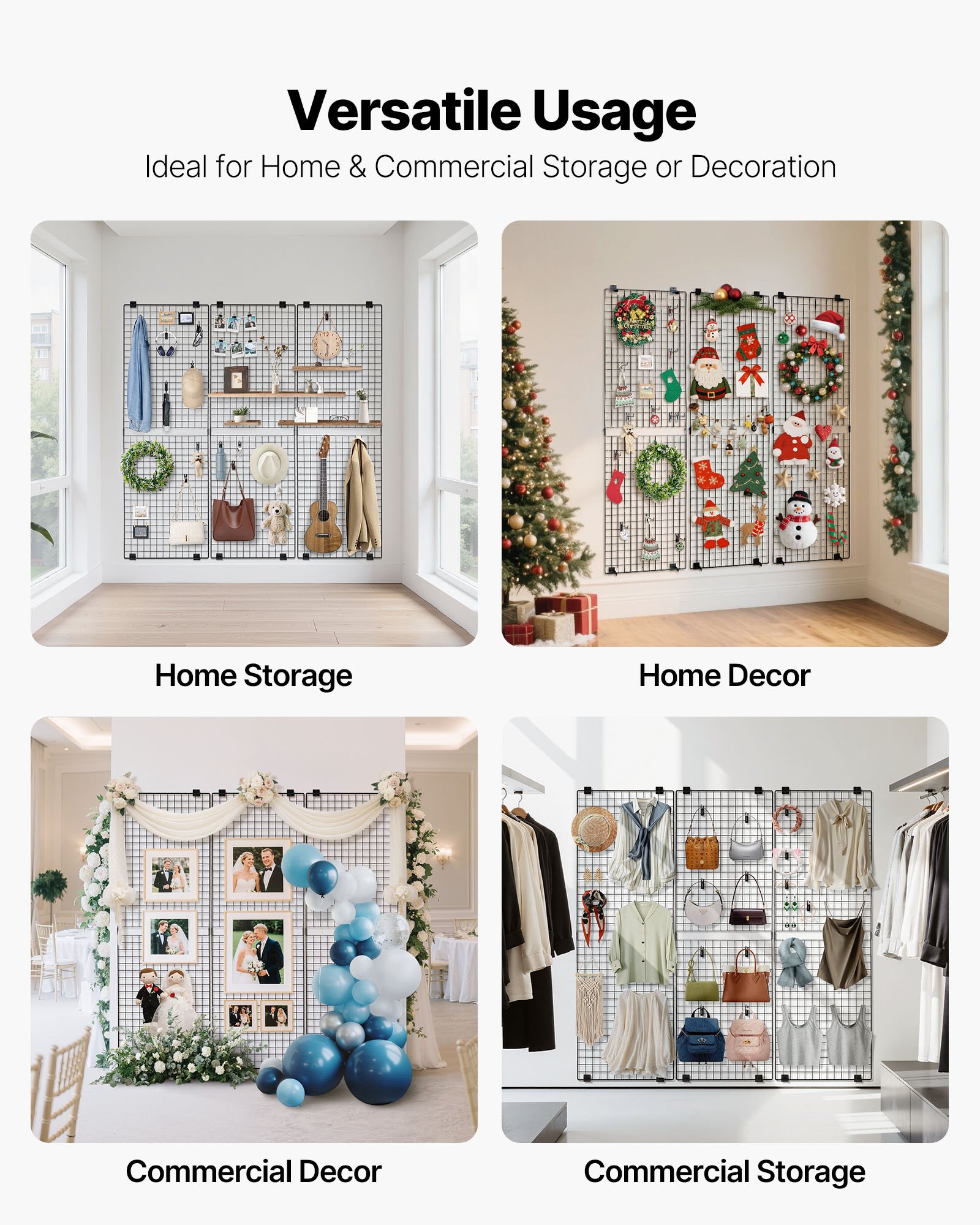 VEVOR 3 Packs Grid Wall Panels, 610 x 1828 mm Wire Grid Panels Display Rack, Wall-Mounted Art Display Shelf, Black Carbon Steel Wall Hanging Gridwall for Craft Show, Decoration, Storage, Notice Board