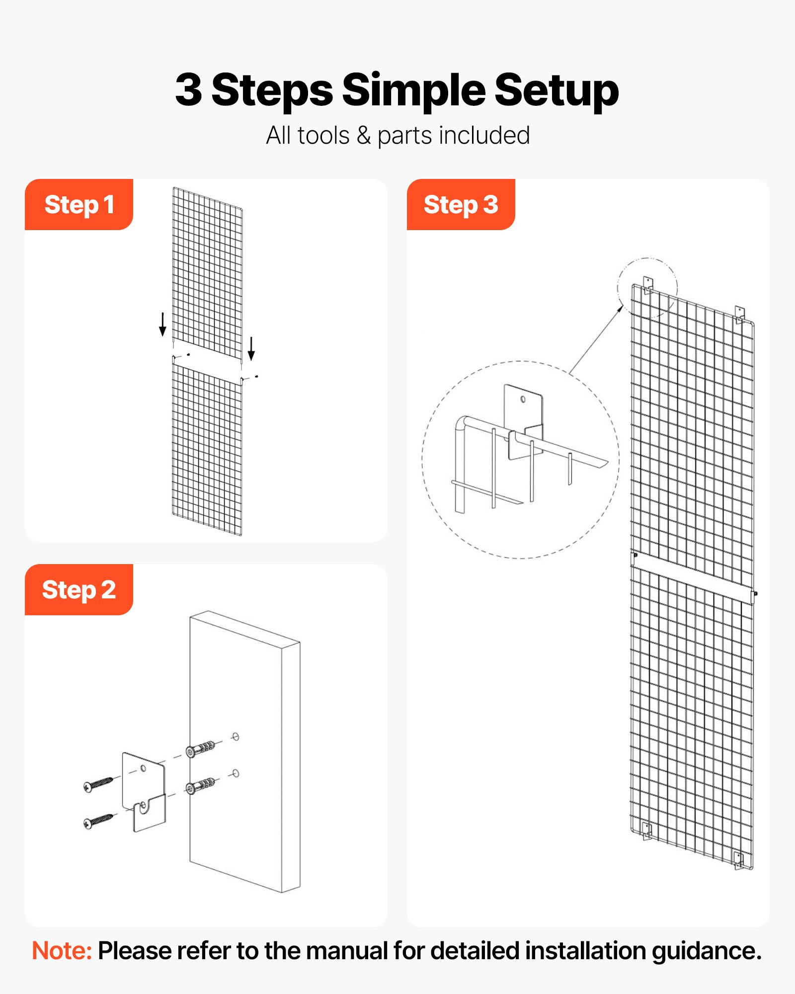 VEVOR 3 Packs Grid Wall Panels, 610 x 1828 mm Wire Grid Panels Display Rack, Wall-Mounted Art Display Shelf, Black Carbon Steel Wall Hanging Gridwall for Craft Show, Decoration, Storage, Notice Board