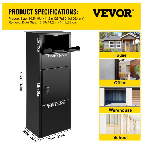 VEVOR Parcel Drop Box Lockable Freestanding Mailbox 10.5x15.4x41.5 in Gray Package Drop Box with Lockable Storage Compartment Heavy Duty Weatherproof for Express Mail Delivery for Home & Business Use