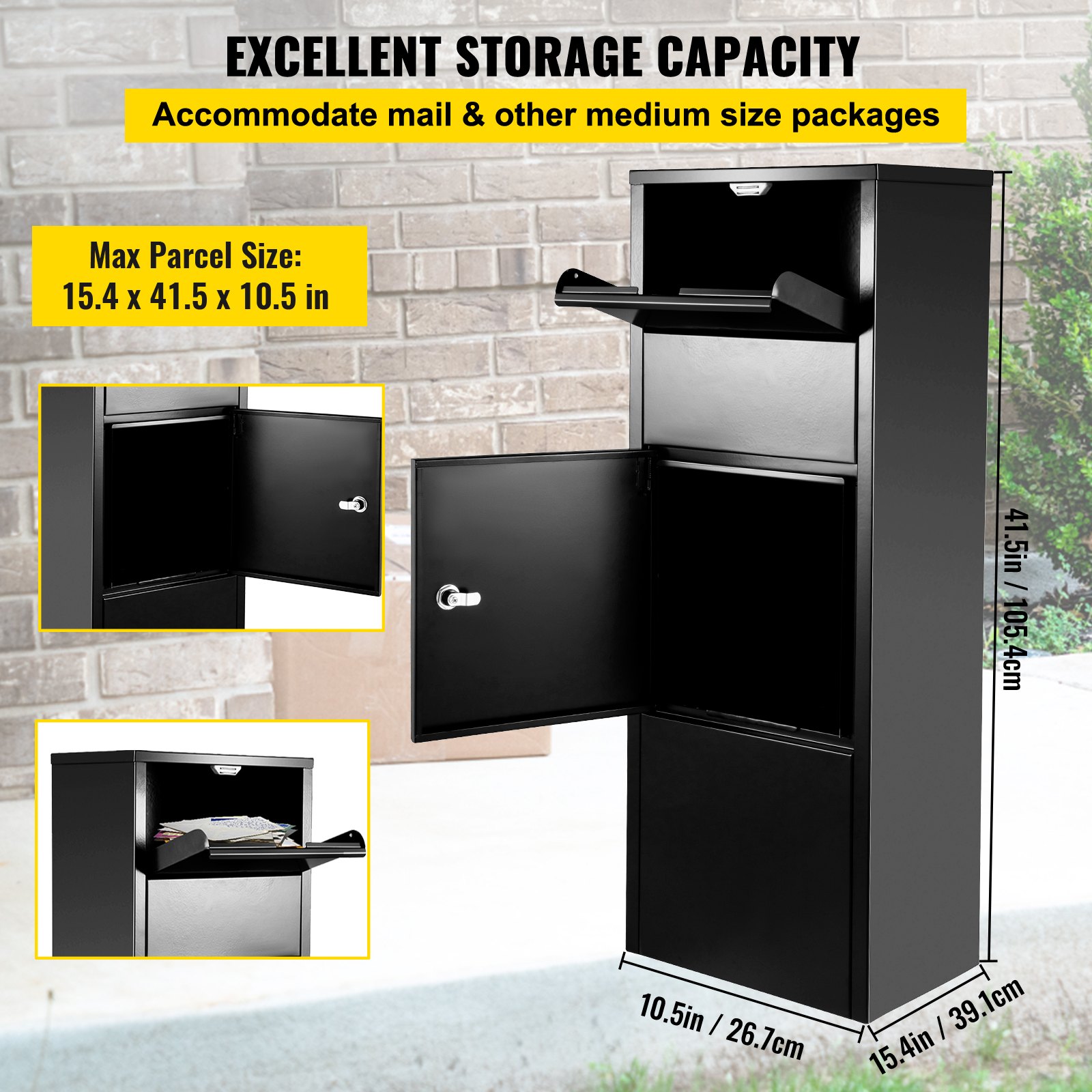 VEVOR Parcel Drop Box Lockable Freestanding Mailbox 10.5x15.4x41.5 in Gray Package Drop Box with Lockable Storage Compartment Heavy Duty Weatherproof for Express Mail Delivery for Home & Business Use