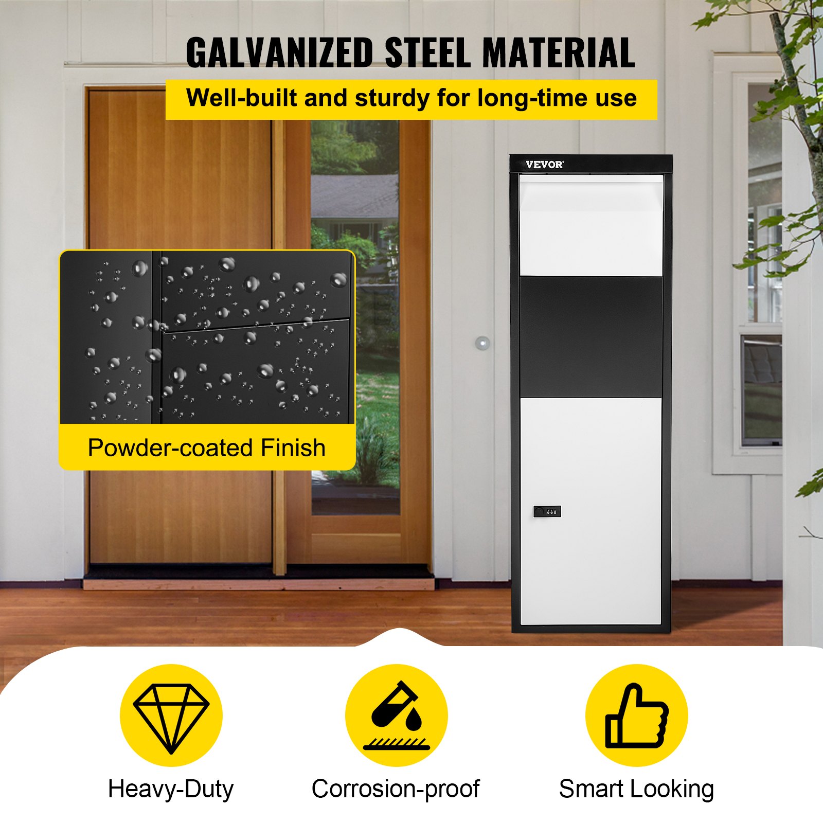 VEVOR Package Delivery Box, 14'' x 11.3'' x 42'' Galvanized Steel Parcel Mailbox w/Code Lock & Mounting Hardware, for Outdoor Porch, Curbside, Large, x11.3''x42'', Black and White