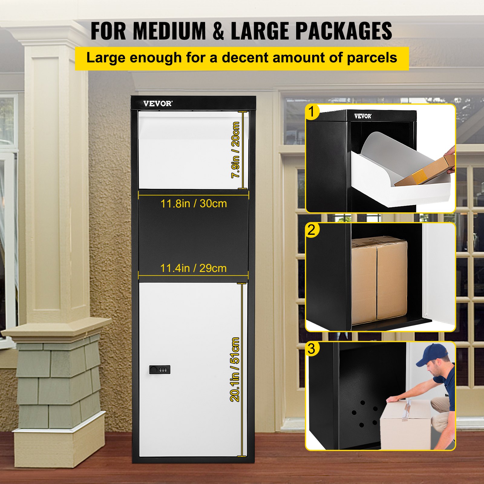 VEVOR Package Delivery Box, 14'' x 11.3'' x 42'' Galvanized Steel Parcel Mailbox w/Code Lock & Mounting Hardware, for Outdoor Porch, Curbside, Large, x11.3''x42'', Black and White