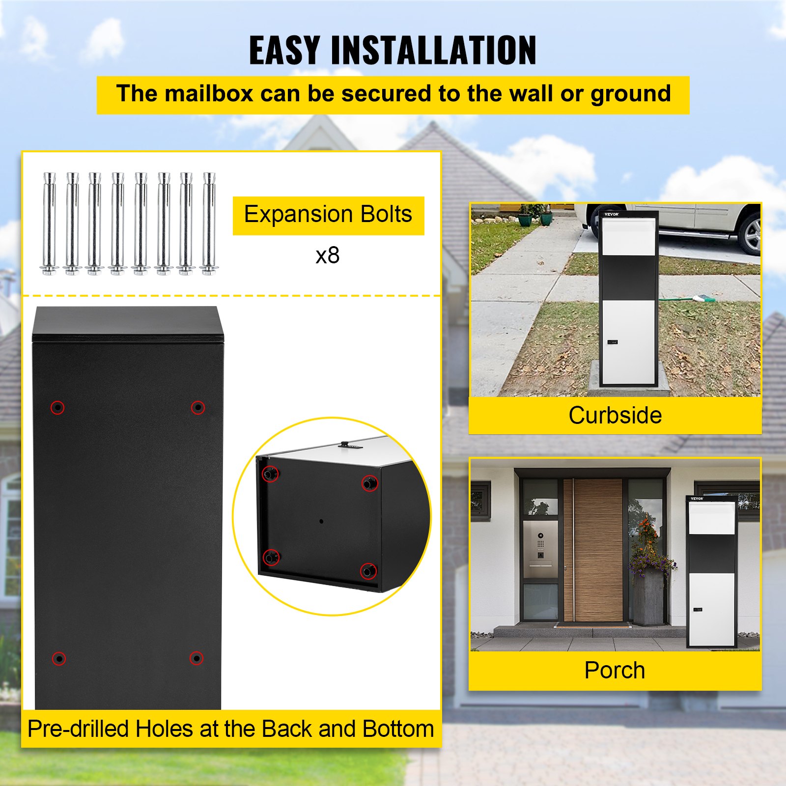 VEVOR Package Delivery Box, 14'' x 11.3'' x 42'' Galvanized Steel Parcel Mailbox w/Code Lock & Mounting Hardware, for Outdoor Porch, Curbside, Large, x11.3''x42'', Black and White