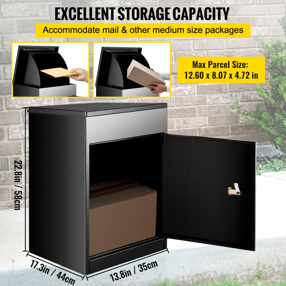 VEVOR parcel drop box with excellent storage capacity and max parcel size info.