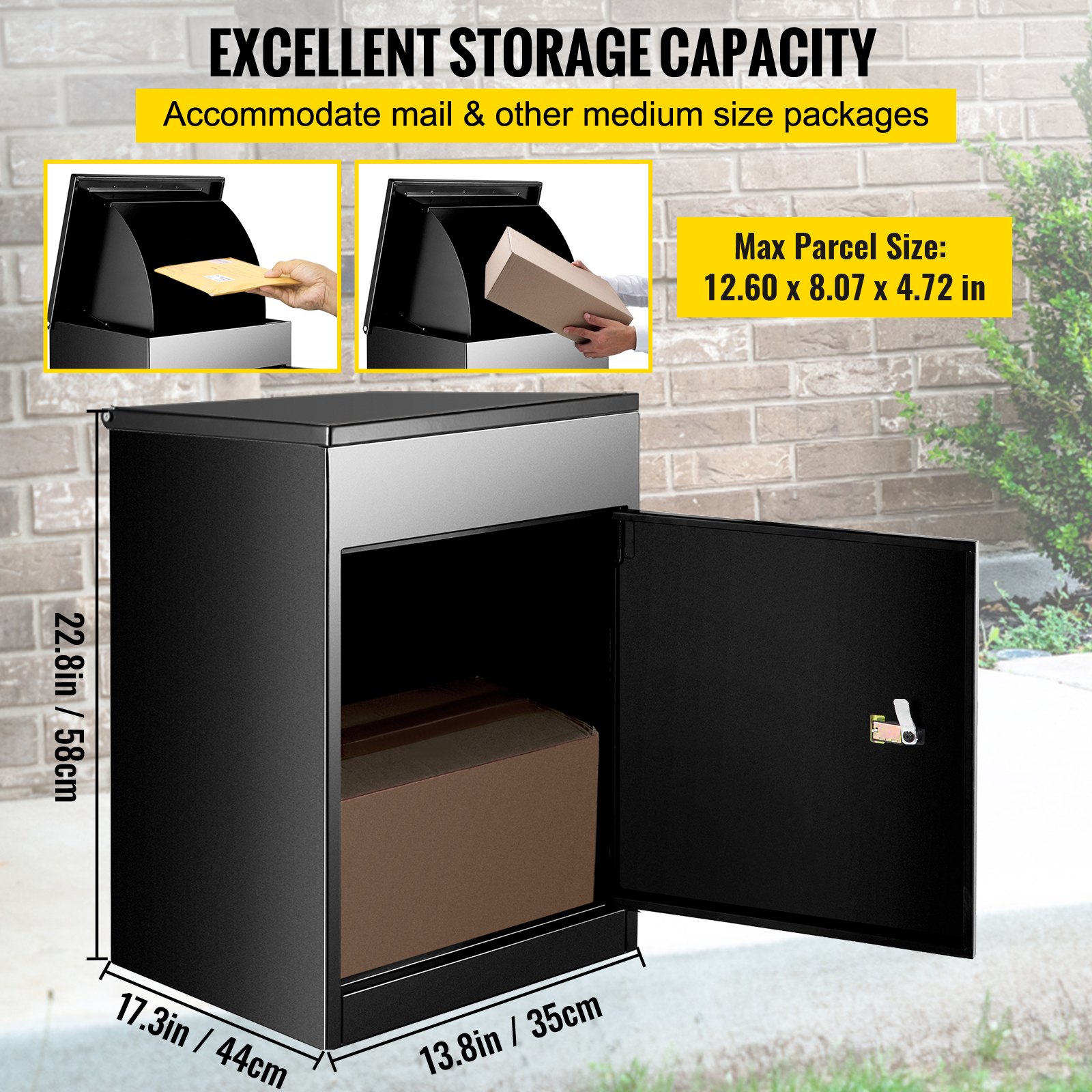 VEVOR parcel drop box with excellent storage capacity and max parcel size info.
