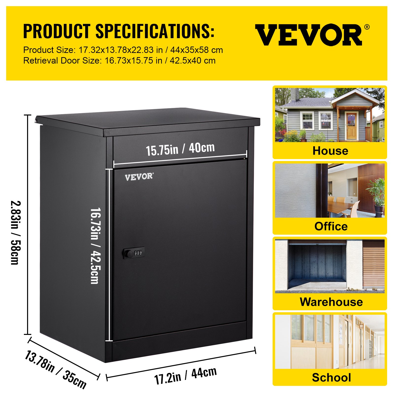 VEVOR parcel drop box, black, multiple usage locations, 17.32x13.78x22.83 inches.