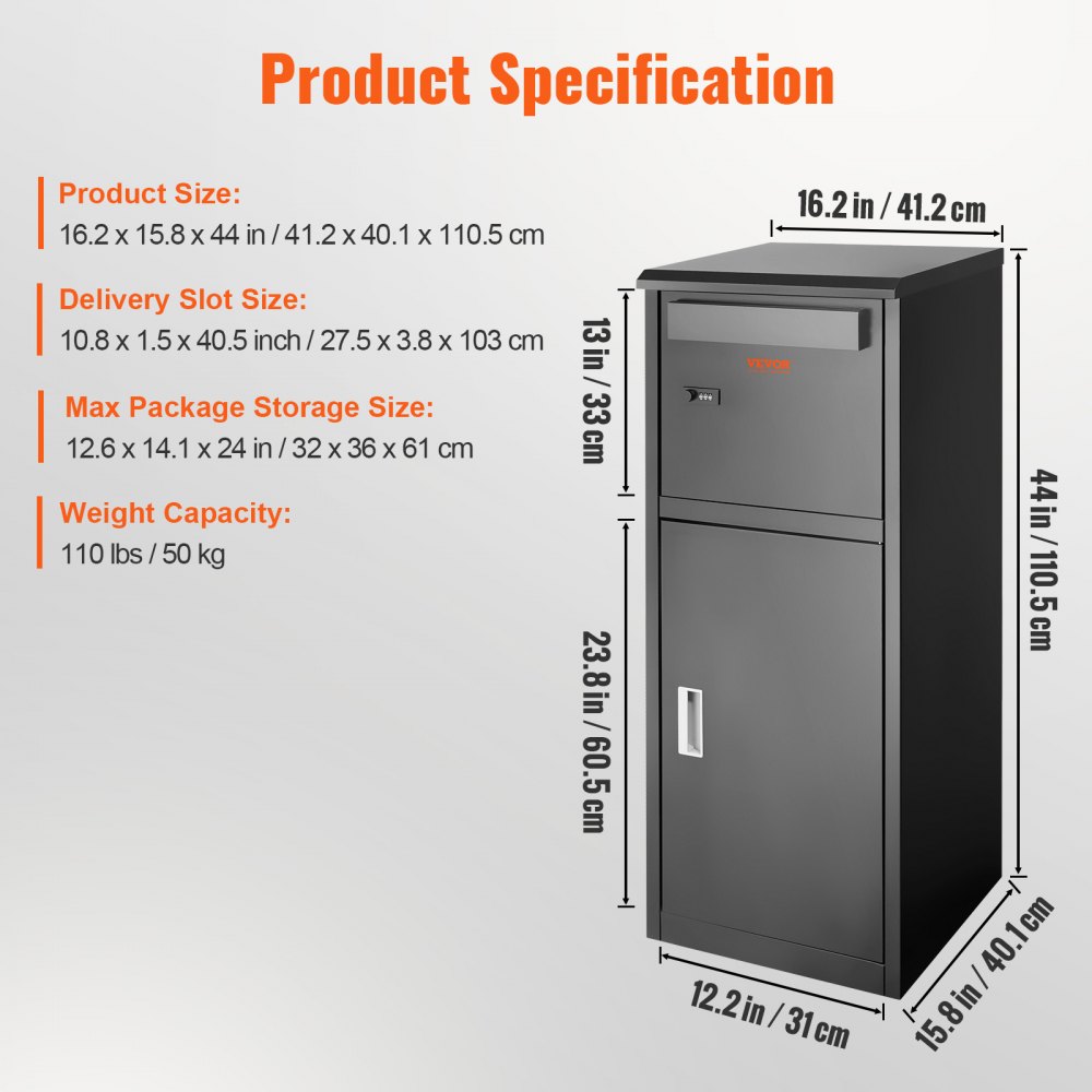 VEVOR package delivery box specifications: size, slot dimensions, storage capacity, and weight limit detailed.