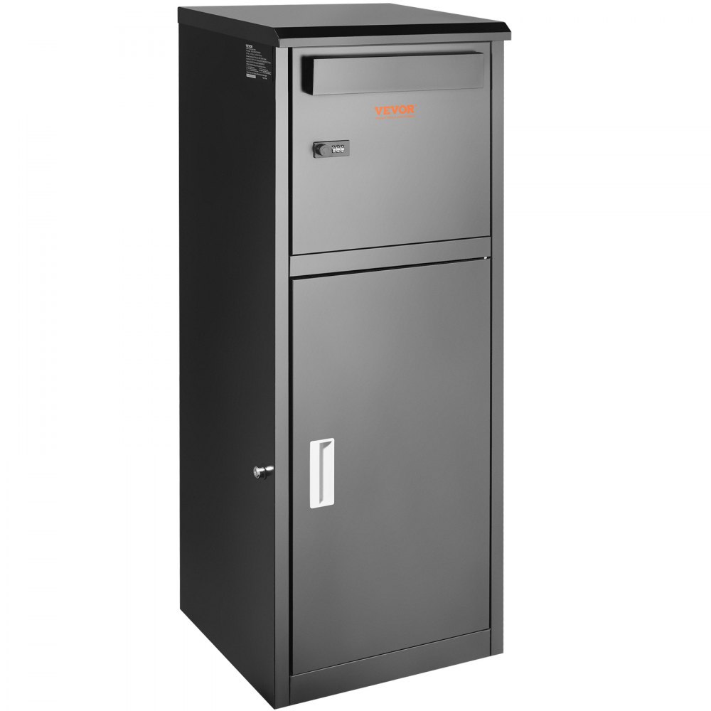 black VEVOR package delivery box with lock, top slot, and lower compartment for secure parcel delivery.