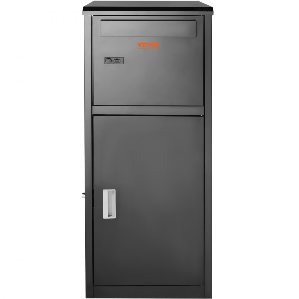 black VEVOR package delivery box with combination lock and large lower compartment.