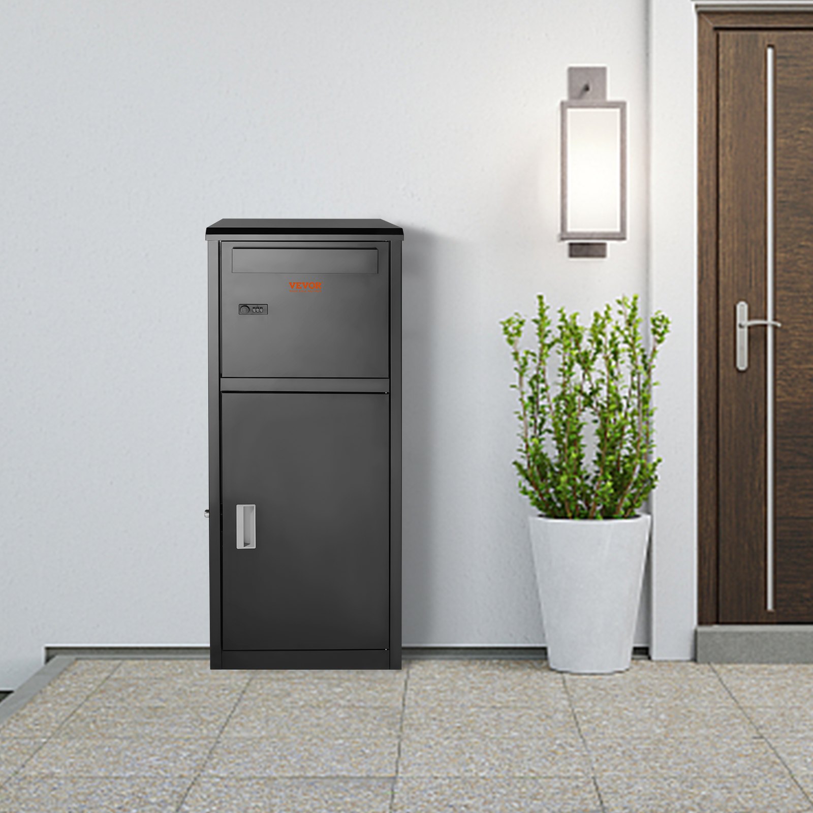VEVOR package delivery box outside a house with a potted plant and modern lantern.
