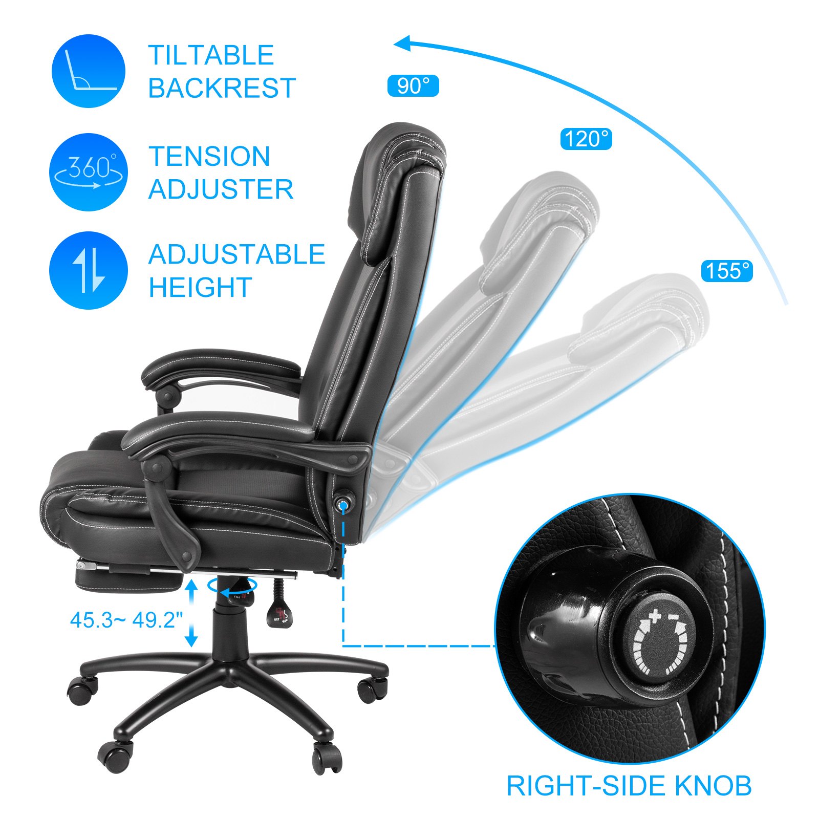 VEVOR Executive Chair 500lbs Black High Back Office Chair Height Adjustable Executive Office Chair W/Footrest Swivel Leather Office Chair Rolling Casters 90°-155° Reclining Computer Chair