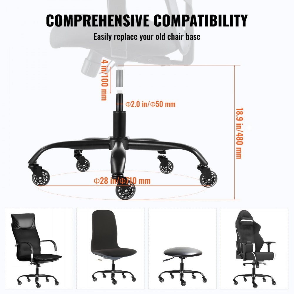 VEVOR Office Chair Base Replacement, 28", 2500 lbs Static Load Capacity, Heavy Duty Universal Computer Desk Chair Stool Base Part with 5 Casters and Gas Cylinder, Desk Chair Base Replacement, Black