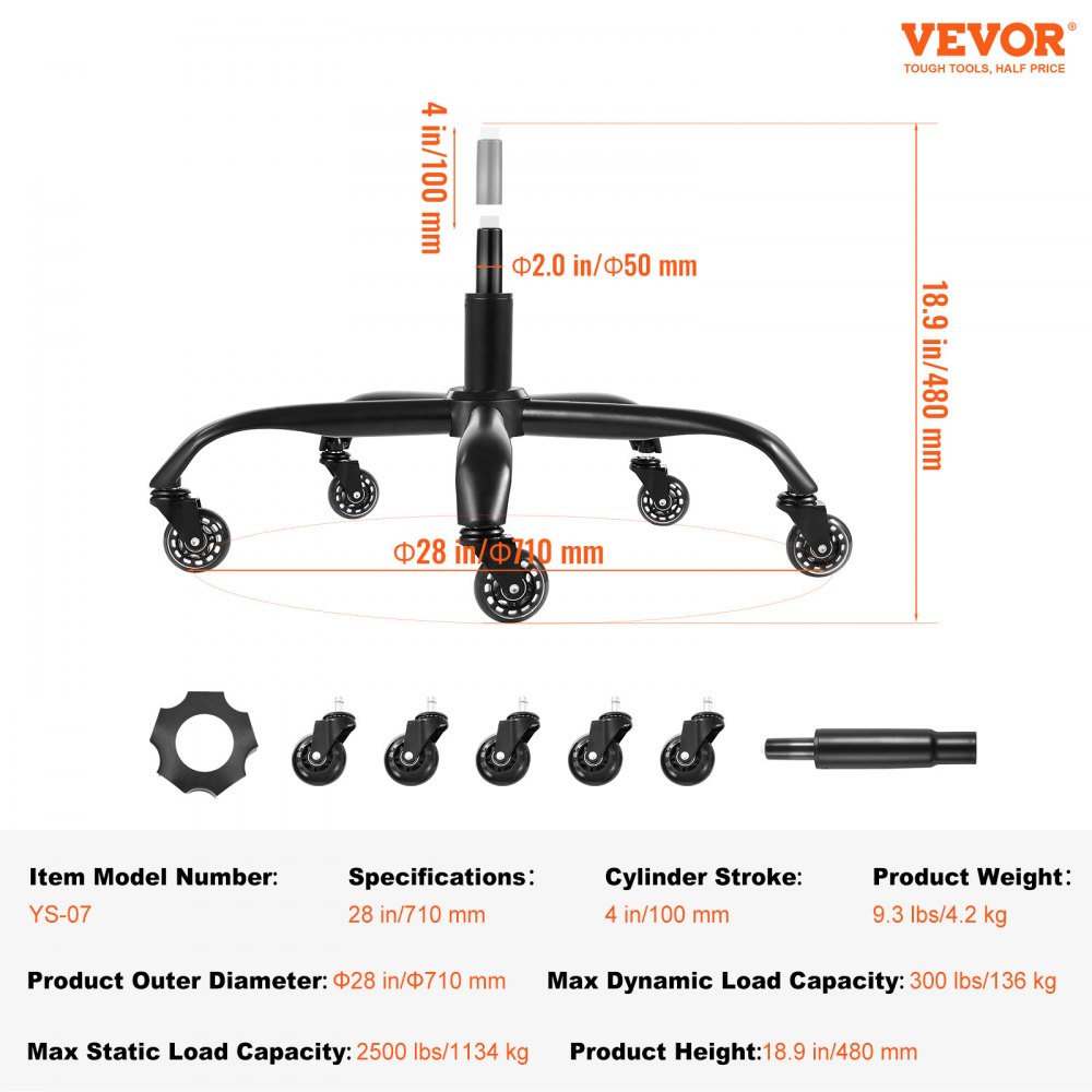 VEVOR Office Chair Base Replacement, 28", 2500 lbs Static Load Capacity, Heavy Duty Universal Computer Desk Chair Stool Base Part with 5 Casters and Gas Cylinder, Desk Chair Base Replacement, Black