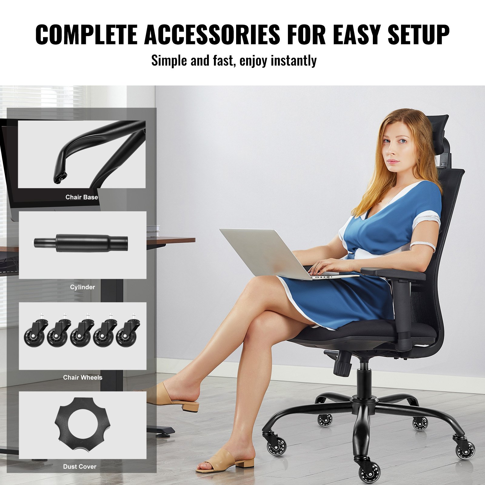 VEVOR Office Chair Base Replacement, 28", 2500 lbs Static Load Capacity, Heavy Duty Universal Computer Desk Chair Stool Base Part with 5 Casters and Gas Cylinder, Desk Chair Base Replacement, Black