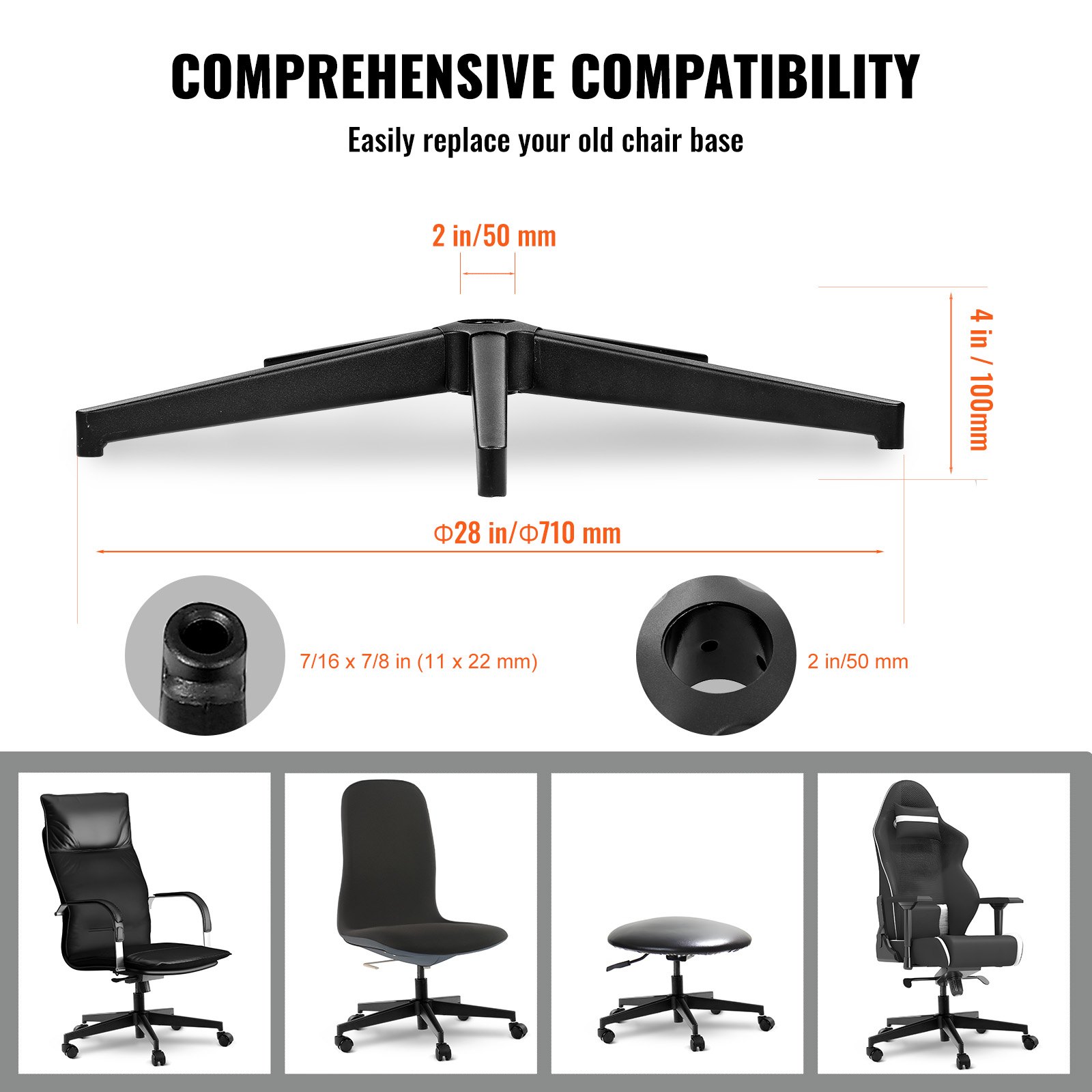 VEVOR Office Chair Base Replacement 71.1 cm Heavy Duty Metal Stool Base 1134 kg