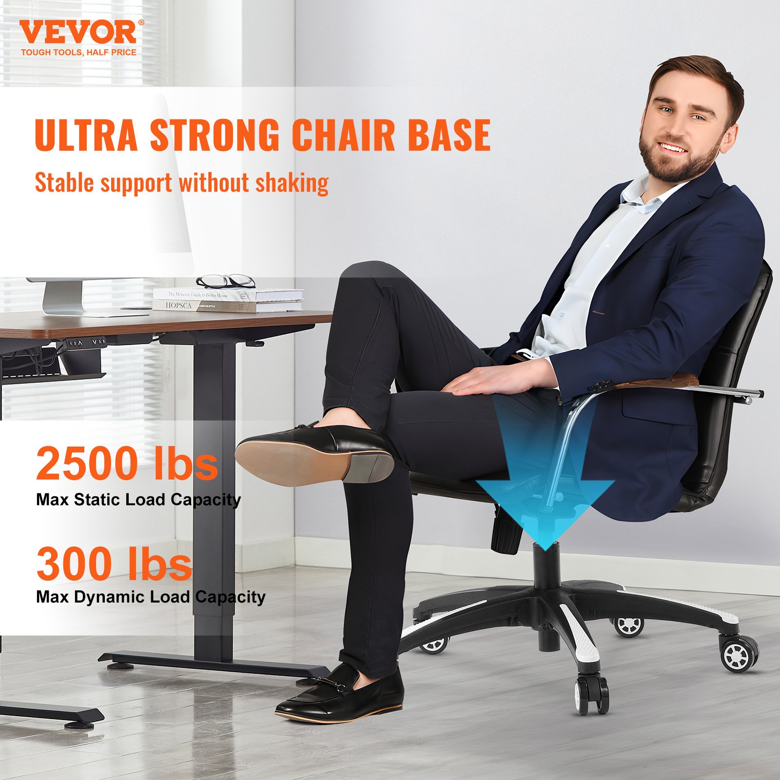 VEVOR Office Chair Base Replacement, 28", 2500 lbs Static Load, Heavy Duty Universal Computer Desk Chair Stool Base Part with 5 Casters and Reinforced Legs, Desk Chair Base Replacement, Black + White