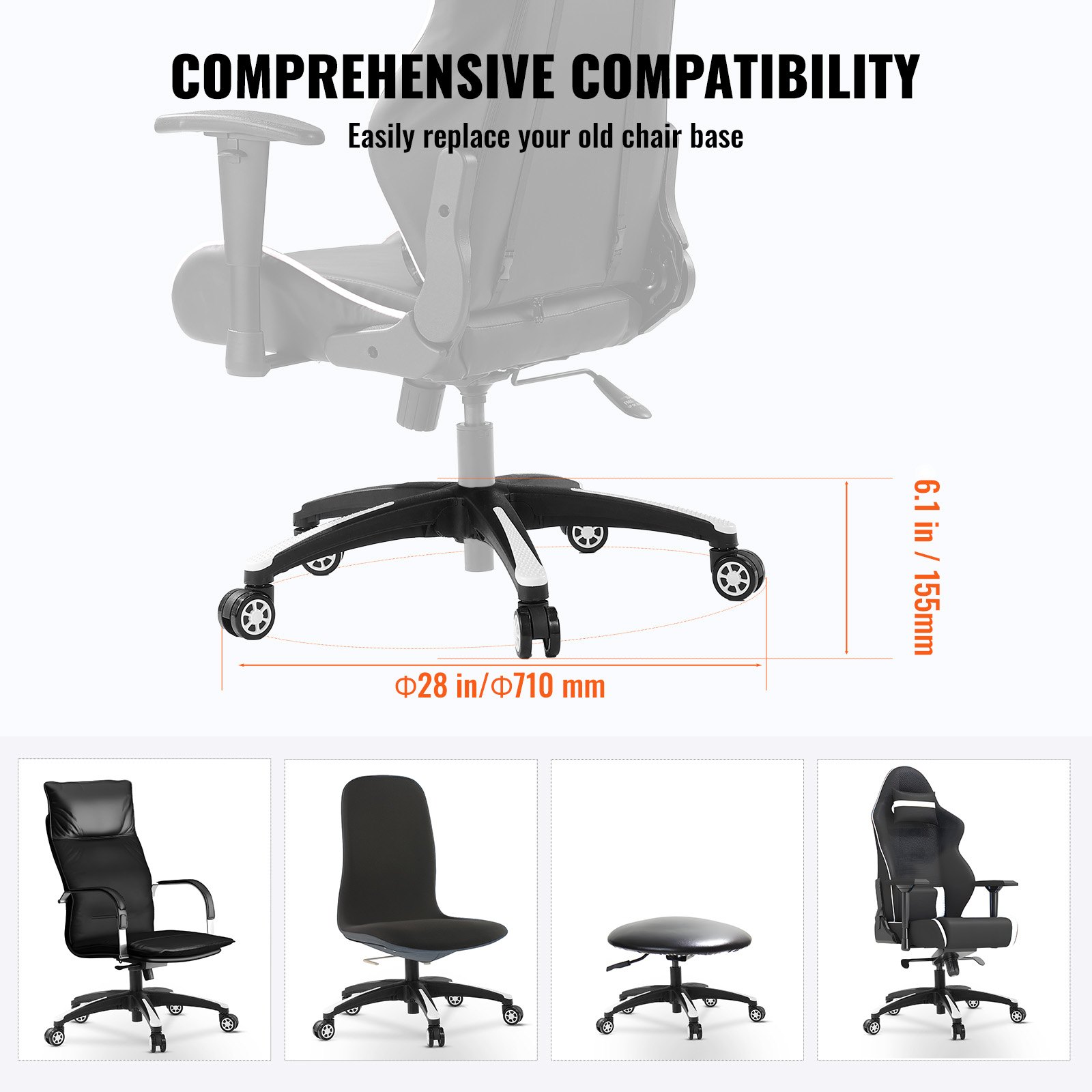 VEVOR Office Chair Base Replacement, 28", 2500 lbs Static Load, Heavy Duty Universal Computer Desk Chair Stool Base Part with 5 Casters and Reinforced Legs, Desk Chair Base Replacement, Black + White