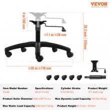 VEVOR Baza scaun de birou de înlocuire 28" Baza scaun pivotant 2500 lbs 4" cursa