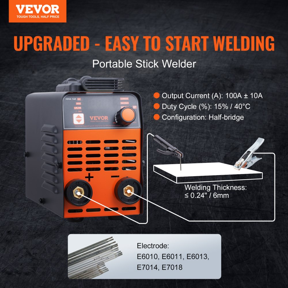 VEVOR Stick Welder, 140A ARC/Lift TIG 2-IN-1 Welding Machine with IGBT Inverter 110V Portable MMA Welder Machine with Hot Start, Arc force and Anti-Stick