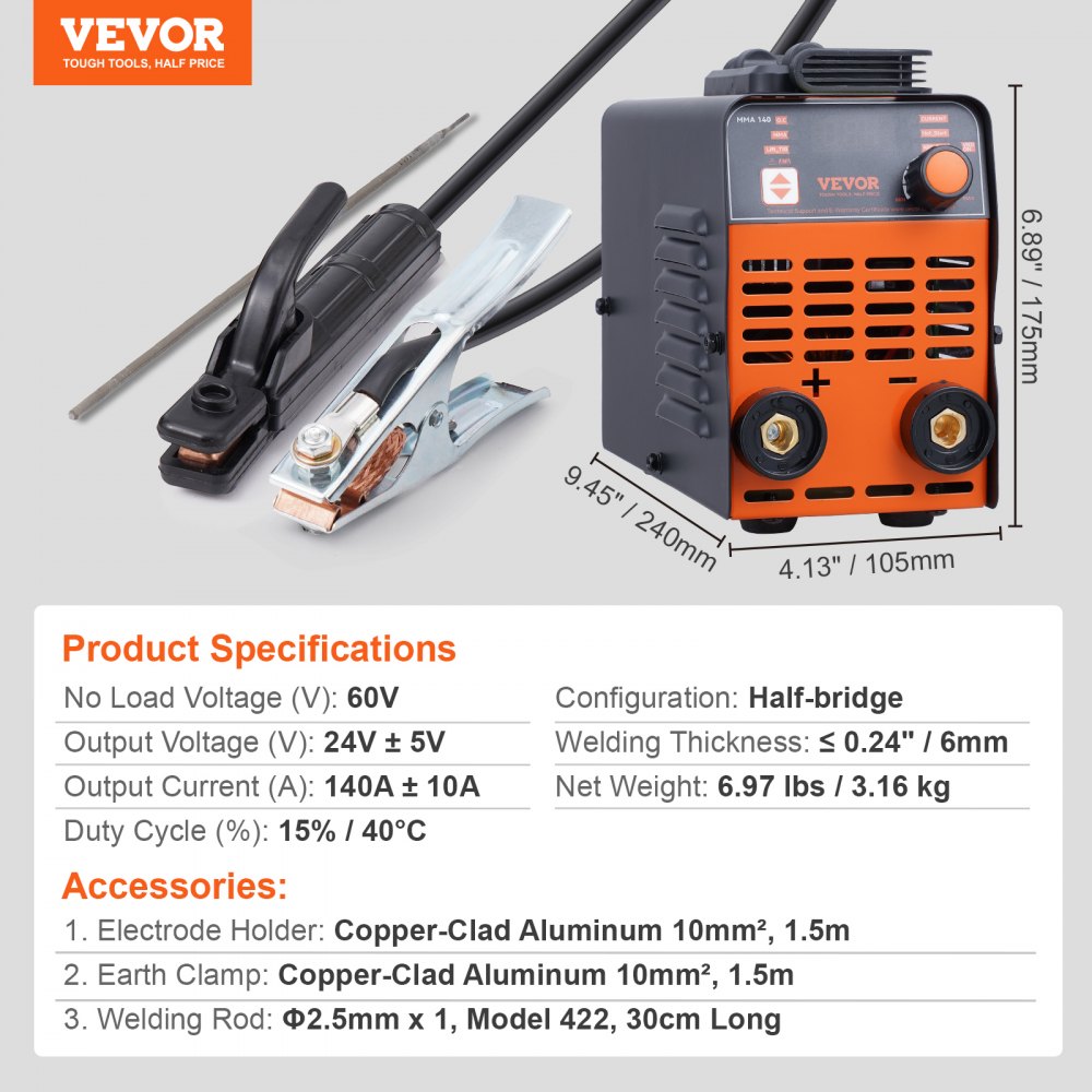 VEVOR Stick Welder, 140A ARC/Lift TIG 2-IN-1 Welding Machine with IGBT Inverter 110V Portable MMA Welder Machine with Hot Start, Arc force and Anti-Stick