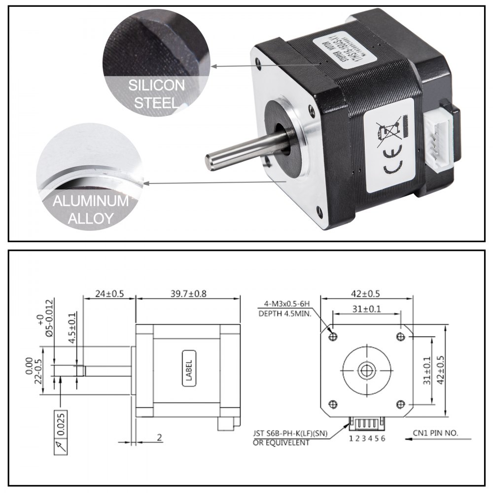 VEVOR Stepper Motor 45Ncm High Torque Stepper Motor, NEMA 17 Step Motor, 2 Phase 1.8 Degree 1.5A Stepping Motor, 3.4V 5PCS