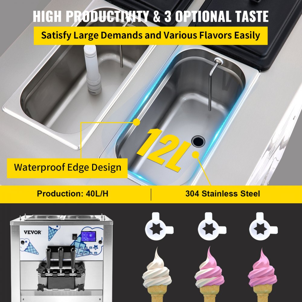 Máquina de helado suave VEVOR de doble tolva de 12 l, 3 opciones de sabor, 2500 W, pantalla LCD, ideal para restaurantes y bares.
