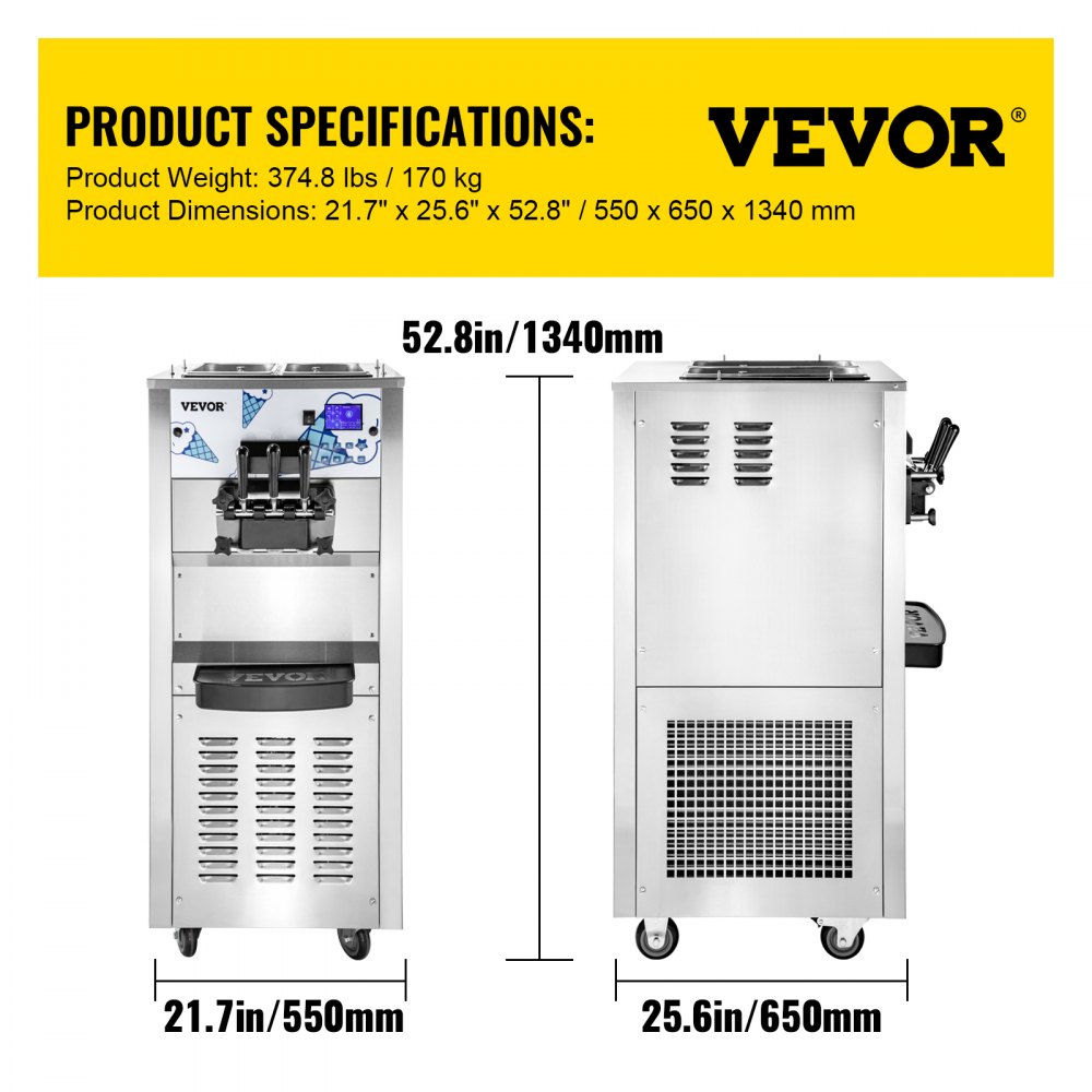 Máquina de helado suave VEVOR de doble tolva de 12 l, 3 opciones de sabor, 2500 W, pantalla LCD, ideal para restaurantes y bares.