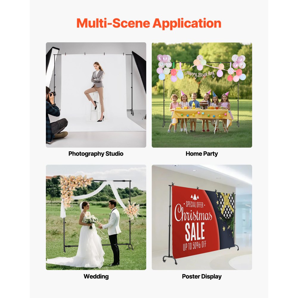 VEVOR Backdrop Stand, 213 x 300 cm Adjustable Photo Backdrop Stand Kit, Portable Background Backdrop Stand with Casters, Heavy Duty Movable Projector Screen Stand, for Wedding, Photo Studio and Party