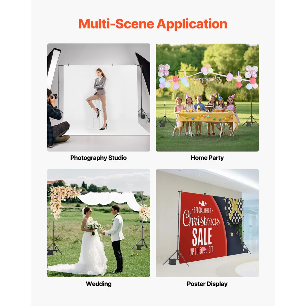 VEVOR Backdrop Stand, 6.5 x 10 ft Adjustable Photo Backdrop Stand Kit, Portable Background Backdrop Stand with 5 Crossbars, Heavy Duty Projector Screen Stand, for Wedding, Photo Video Studio & Party