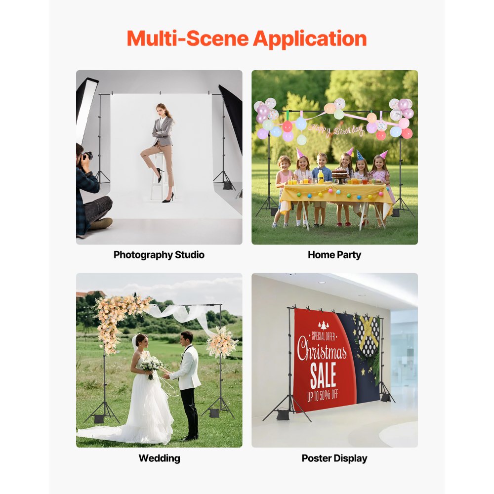 VEVOR Backdrop Stand, 213 x 300 cm Adjustable Photo Backdrop Stand Kit, Portable Background Backdrop Stand with 3 Crossbars, Heavy Duty Projector Screen Stand, for Wedding, Photo Video Studio & Party